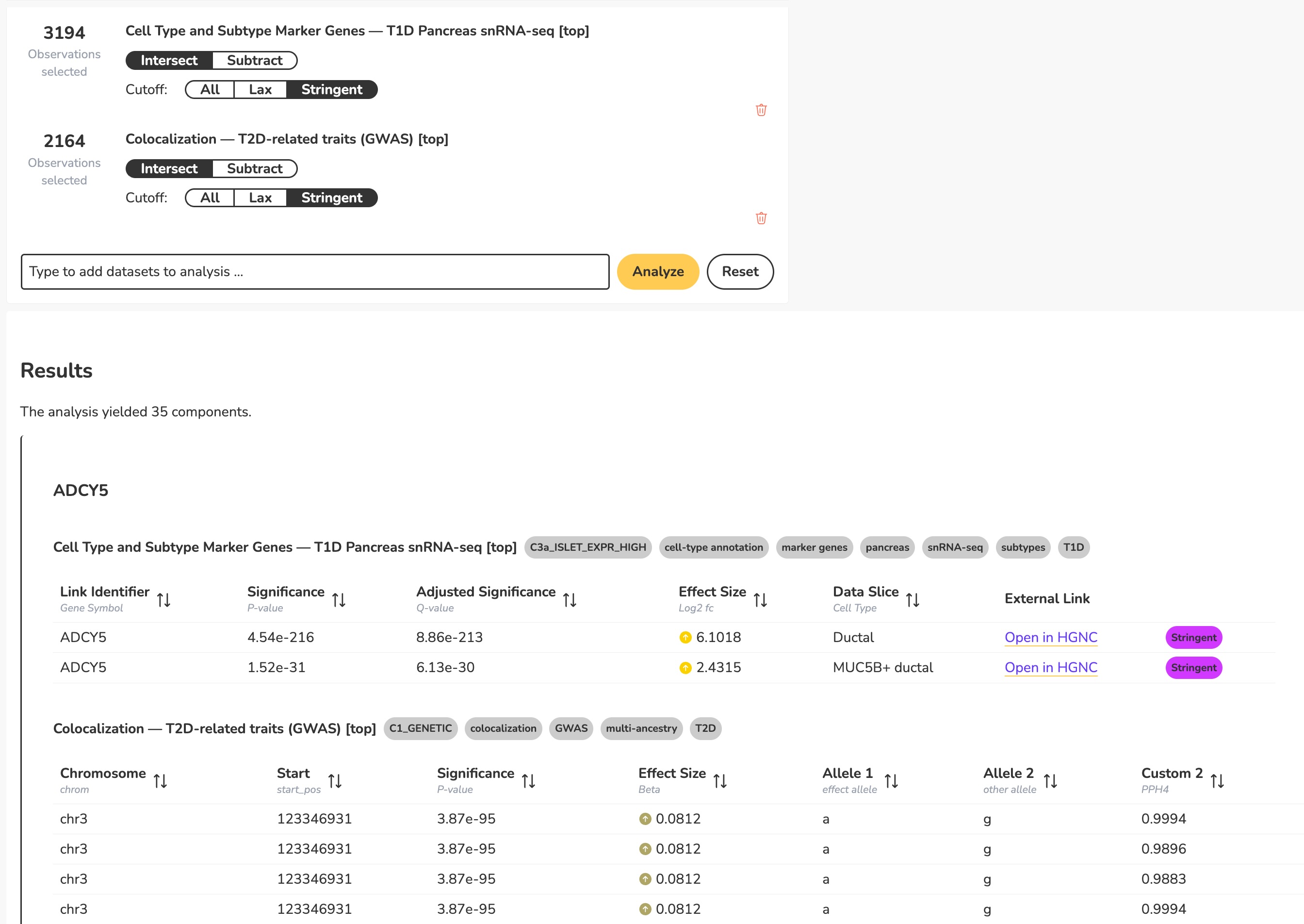 Screenshot of Explore results showing a PPARG component with its T2D drug target entry and linked GWAS colocalization evidence