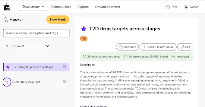 Screenshot of the Hook view showing a curated target list with its linked observations