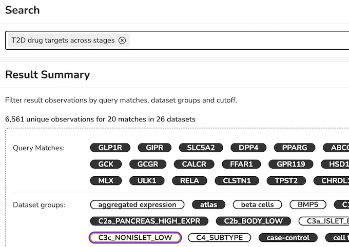 Screenshot of Contextualize searching a list of T2D drug targets, with the result summary across query matches and dataset groups