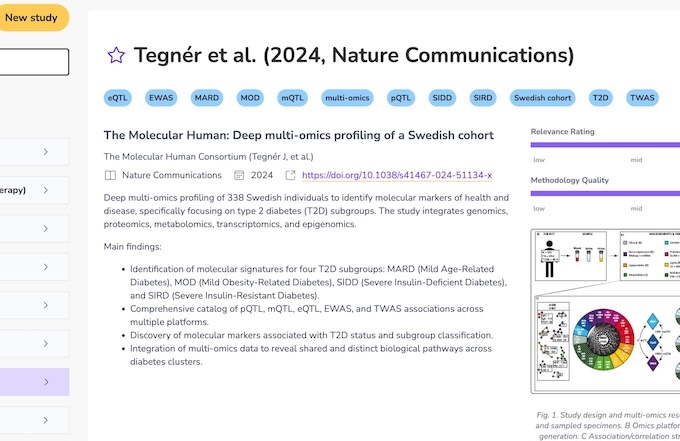 Screenshot of the Study view with study metadata, relevance and methodology ratings and linked datasets